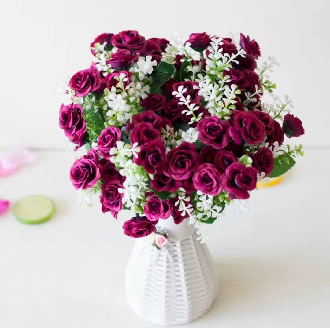 Artificial Rose Bouquet with Flower Vase - Burgundy