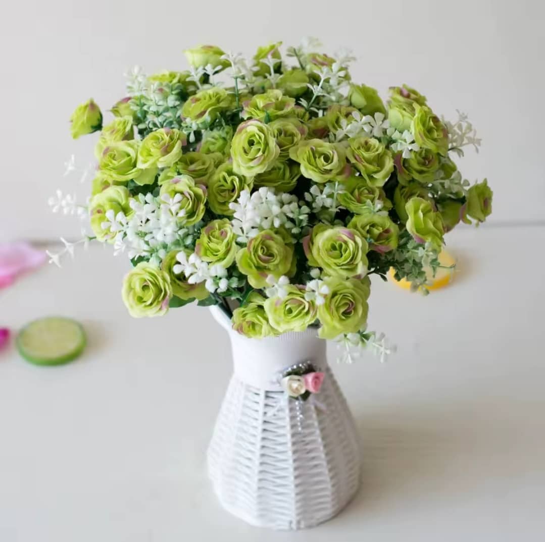 Artificial Rose Bouquet with Flower Vase - Lime Green