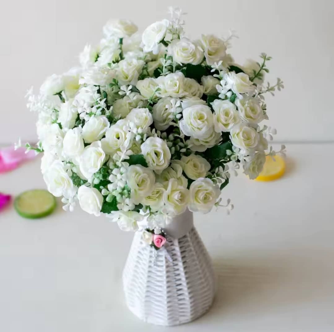 Artificial Rose Bouquet with Flower Vase - Ivory White