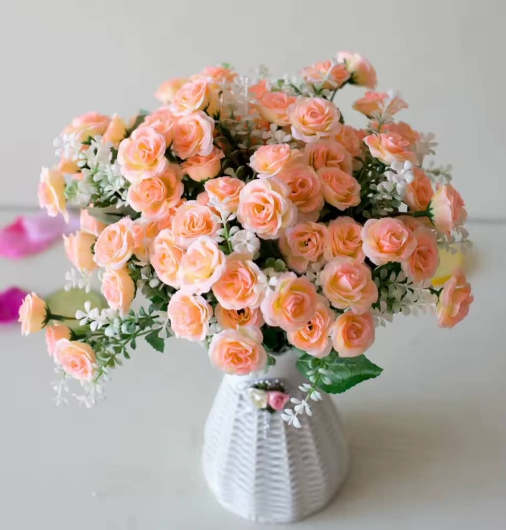 Artificial Rose Bouquet with Flower Vase - Peach