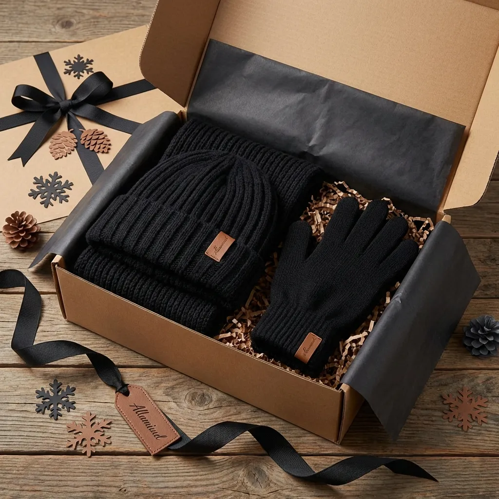 Winter Beanie Hat Scarf Gloves Set - Black